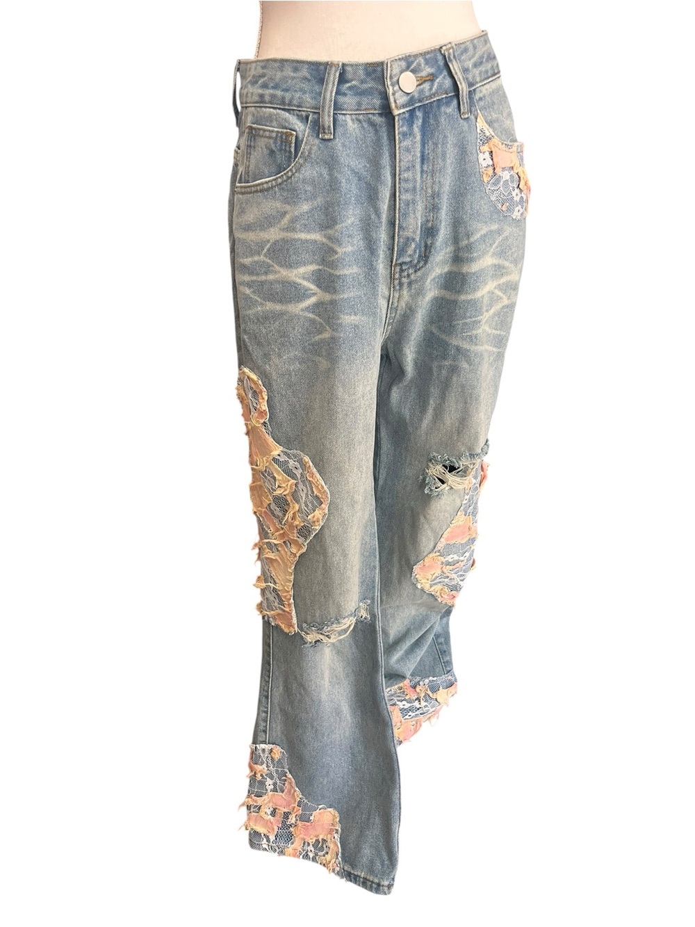 Aelfric Eden Distressed Lace Patchwork Baggy Wide Leg Jeans Size 29 NWT - Picture 3 of 15